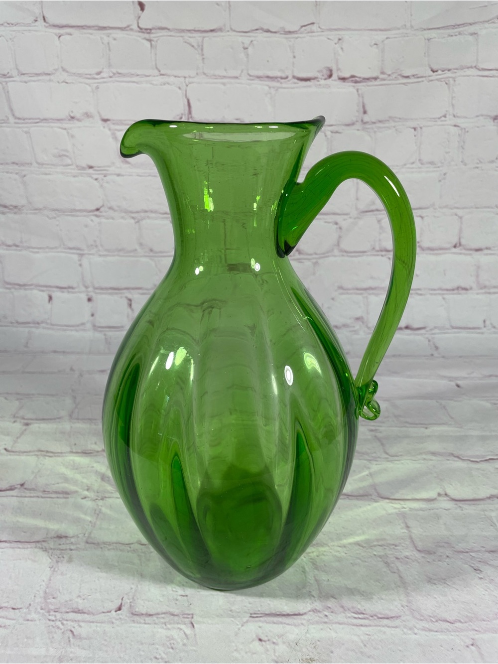 Vintage Blenko Ribbed Optic Paneled Green Glass Pitcher